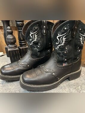 JUSTIN Gypsy Black Leather Western Cowboy Boots | WN Size 7 | Embroid Square Toe
